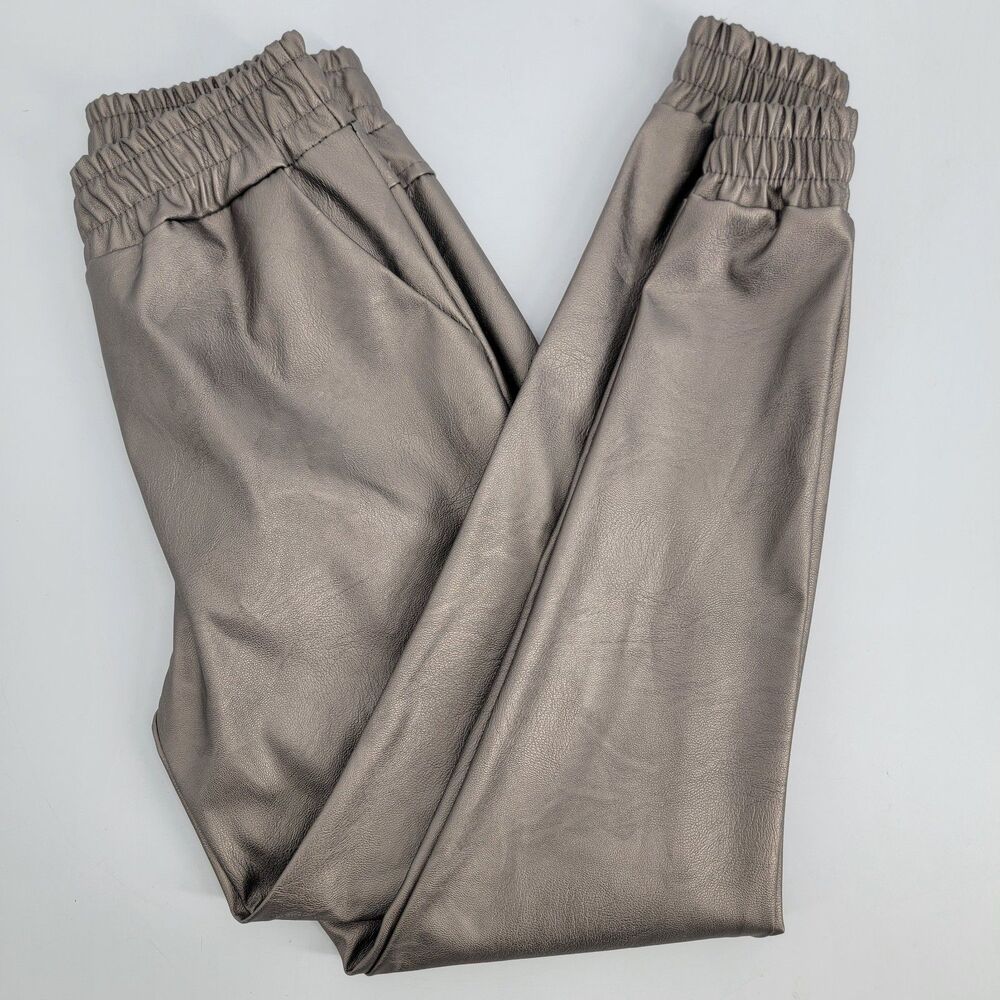 Milio-Milano Womens S Pewter Silver Faux Leather Pull-On Jogger Pants NWT